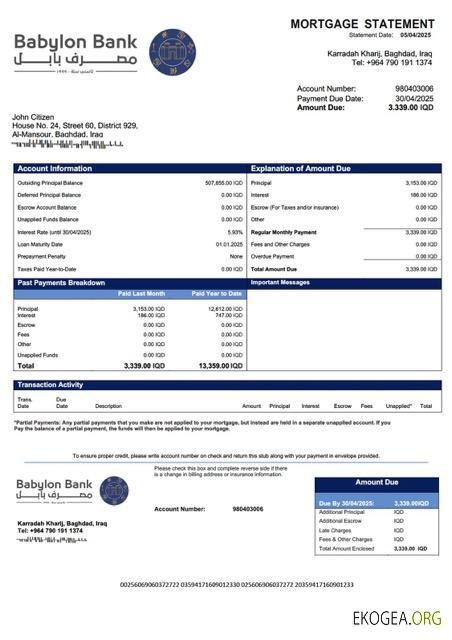 Modèle Word et PDF de relevé hypothécaire de la Babylon Bank d'Irak
